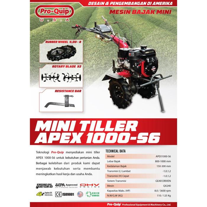 Mesin Traktor Mini Basah Kering Proquip APEX 1000-S6 Mini Tiller Cultivator Pro-Quip Apex1000-S6 Heavy Duty 8HP