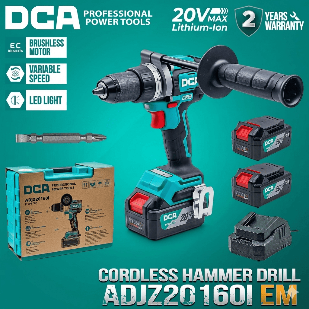 Mesin Bor Tangan Baterai DCA ADJZ20160i EM Hammer Drill Cordless Brushless 20V DCA ADJZ 20160 i EM SET