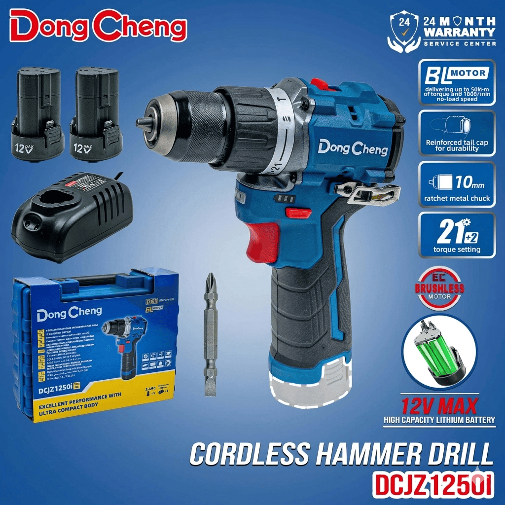 DONGCHENG DCJZ1250i EK Mesin Bor Beton Baterai 12V Cordless Impact Drill Set 2 Baterai 12V dengan Box dan Charger Torsi 35 Newton 3 Mode Fungsi Ergonomis Ringan Dual Speed Gearbox