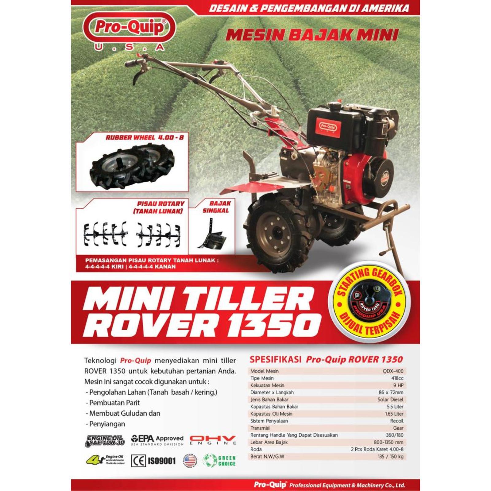 Mesin Bajak Sawah Basah Kering Proquip Rover 1350 Mini Tiller Diesel Pro-Quip Rover 1350 9HP