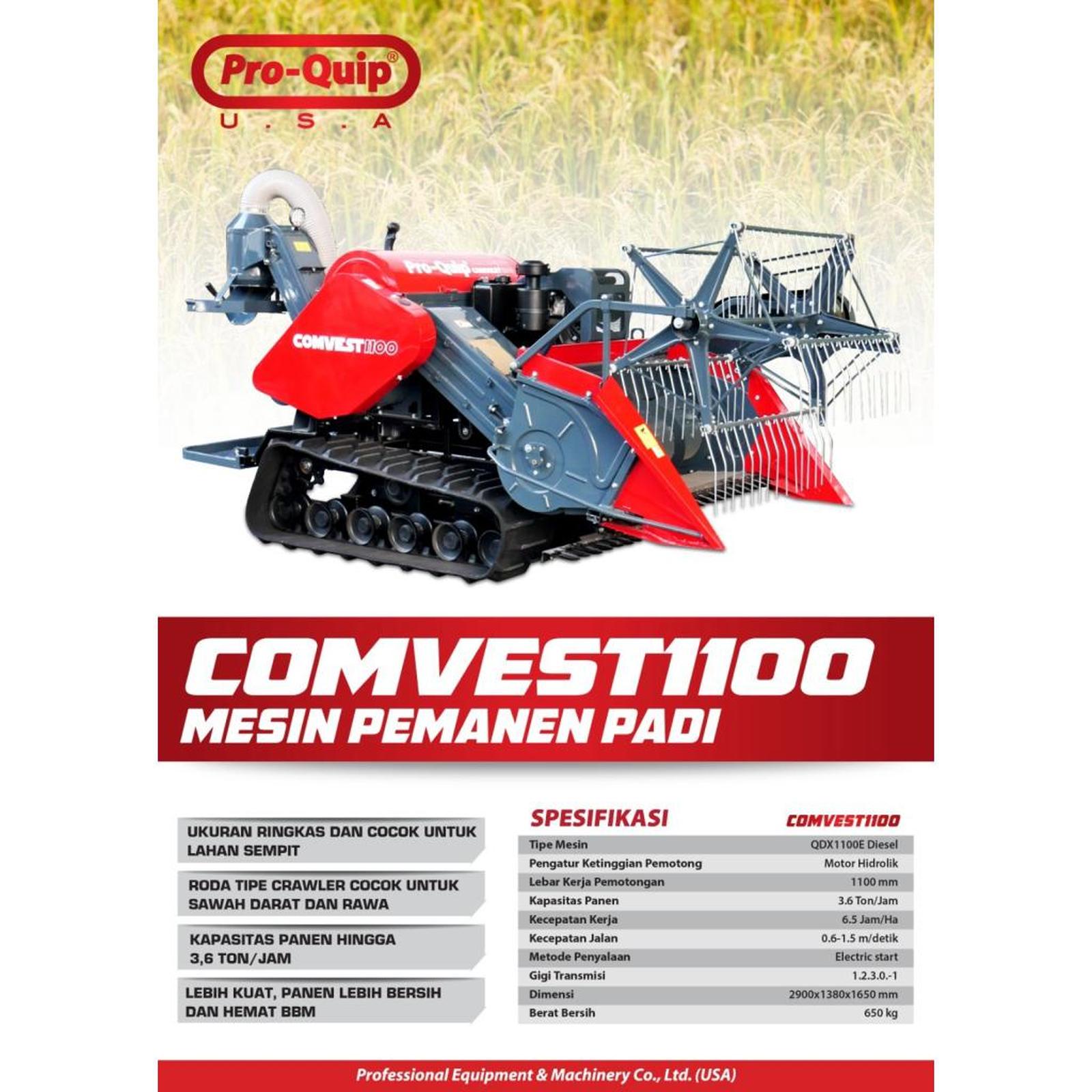 Mesin Panen Padi Compact Diesel Proquip Comvest 1100 Sawah Lahan Sempit Rawa Cultivator Crawler Elektrik Starter Pro-Quip